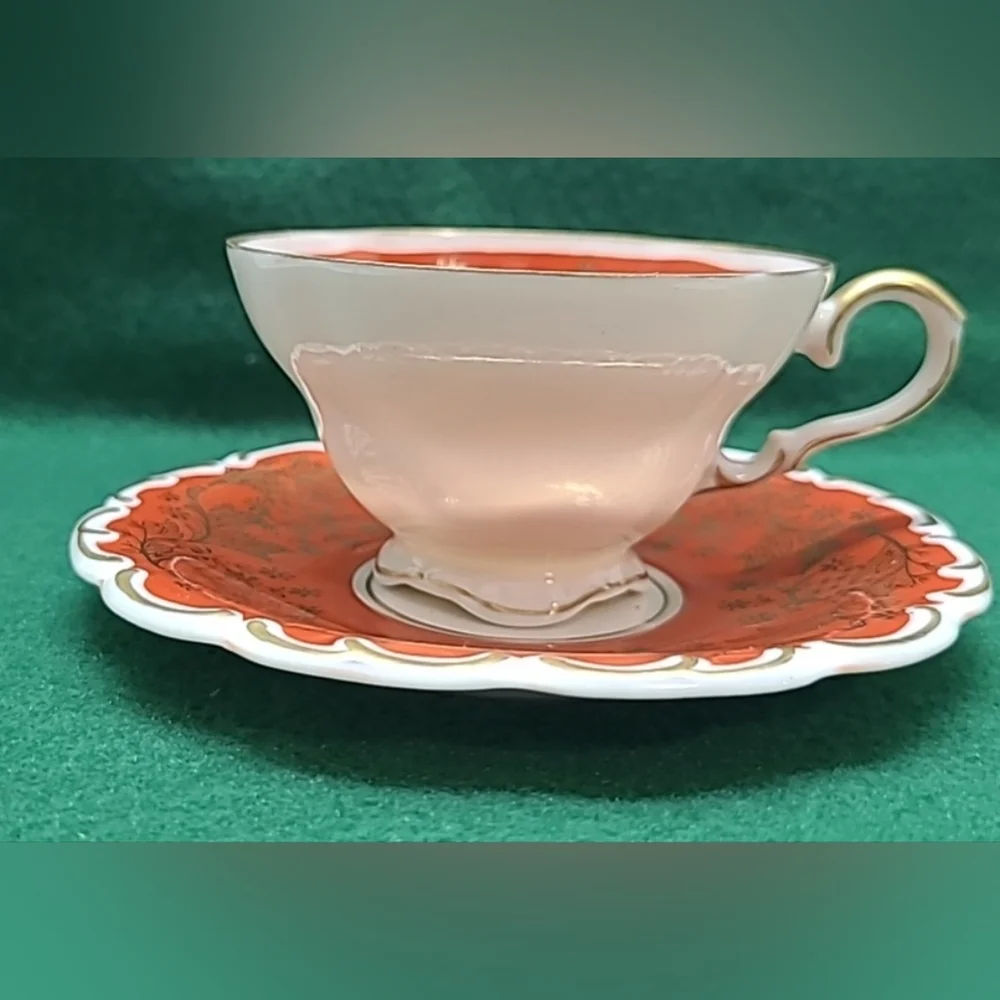 Tea Cup Saucer Lindner Kueps Bavaria Orange and White with gold Bone China‎ rare